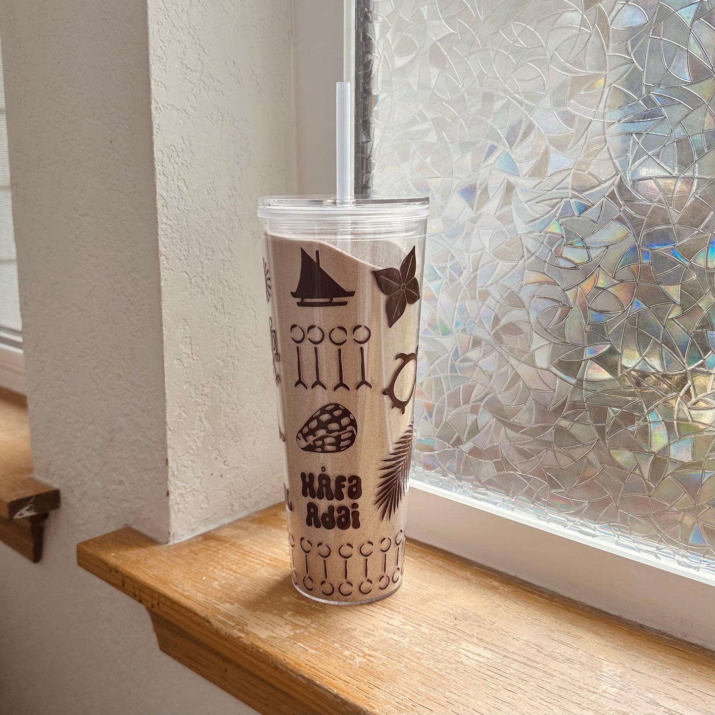24oz Sand CHamoru Icons Tumbler (100% of the profits from this cup will be donated to Micronesian Climate Alliance)